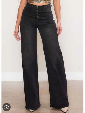 Vibrant Button Fly Maria Wide Leg Jeans in Black Wash Size 9